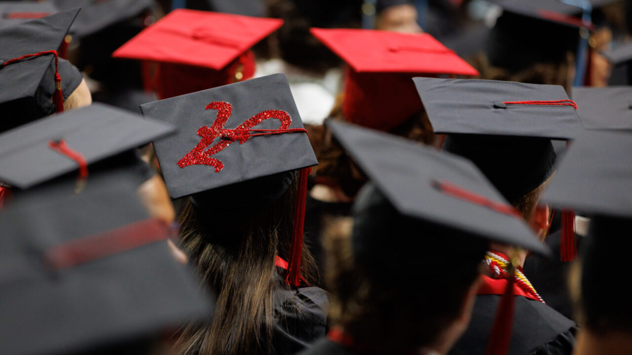 A photo of students' graduation caps.